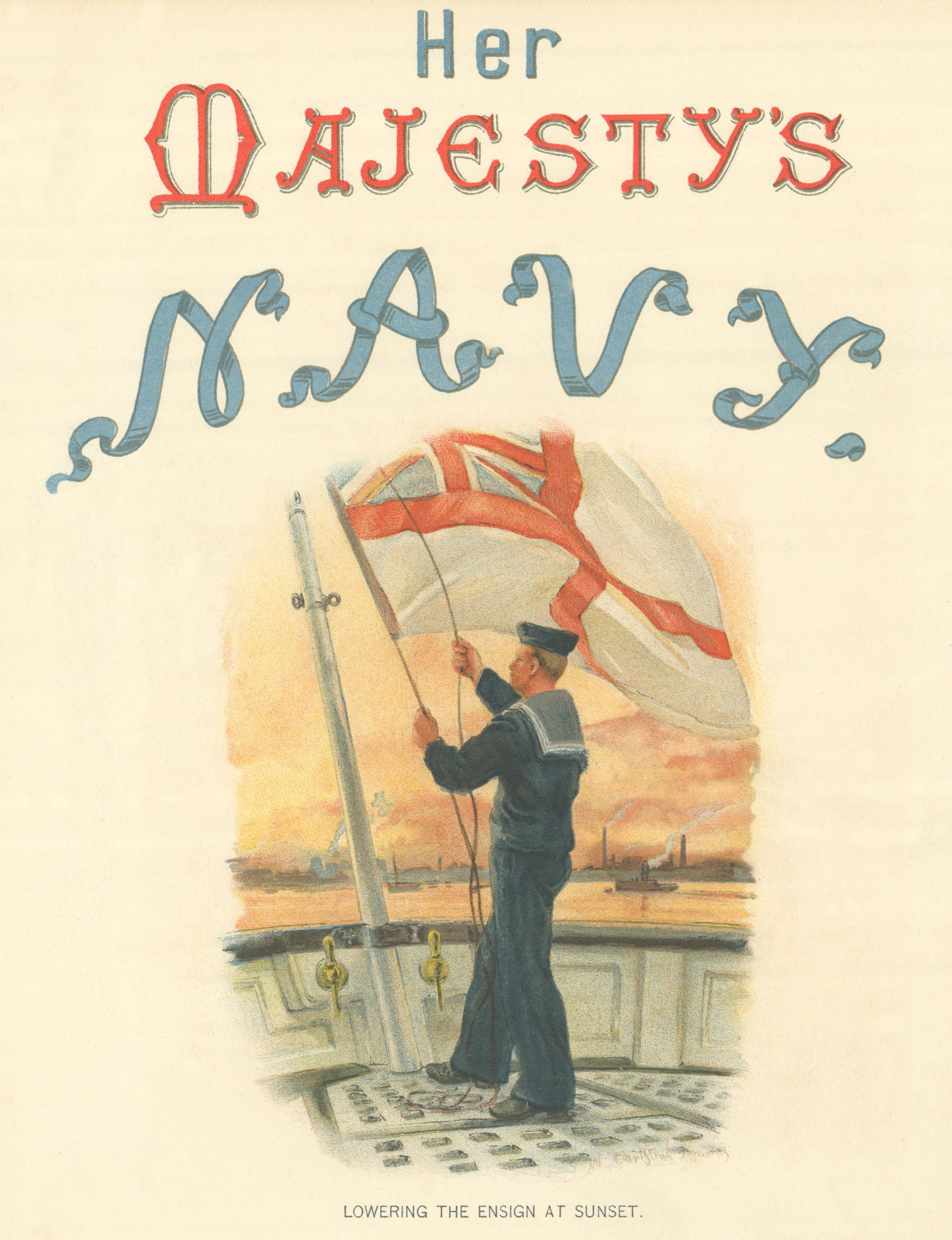 Lowering the Ensign at sunset by W.C. Symons. Royal Navy 1893 old print